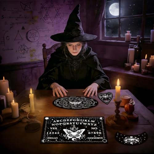 4Pcs 4 Sizes Spirit Board Wood Set with Heart Moon Planchette, Pendulum Dowsing Board Butterfly Pattern Black Divination Tool for Witchcraft Decor Altar Meditation Spiritual Talking Gift