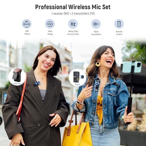 NEEWER KM15 Wireless Lavalier Microphone System Compatible with iPhone Android Phone PC Computer, Mini USB C Noise Cancelling Lapel Mic, 300m Range 48KHz/24Bit 9H Battery for Video Recording Streaming KM15 Set
