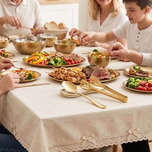 12pcs Gold Stainless Steel Serving Utensils Sets,8 Large Serving Spoons,4 Serving Tongs,Gold Serving Utensills Sets Metal Buffet Banquet Cutlery for Parties Weeding Birthday Entertaining Catering
