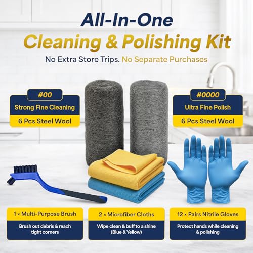 Ironraw steel wool cleaning and polishing kit with 00 and 0000 pads, brush, microfiber cloths, and gloves