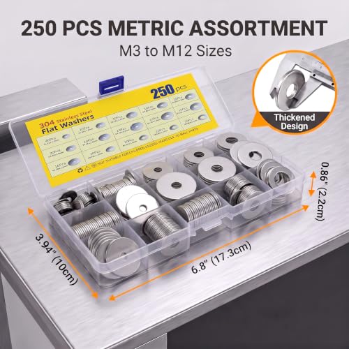250 PCS Flat Washers Assortment Kit, 304 Stainless Steel Fender Washers, 15 Sizes (M3 M4 M5 M6 M8 M10 M12) Metric Metal Washers, Universal for Automotive Industrial Home