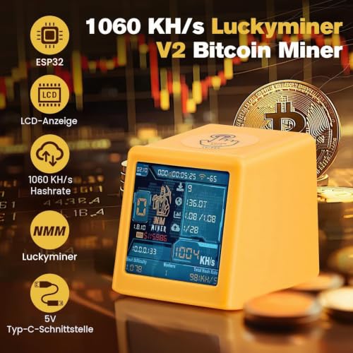 Luckyminer V2 Bitcoin Miner - 1060 KH/s Solo Lottery Miner with ESP32-WROOM-32, 1.54 Inch Display & Hash Rate Calculator - Plug & Play USB Miner for Home, Office & as a Table Clock (Compatible with V2