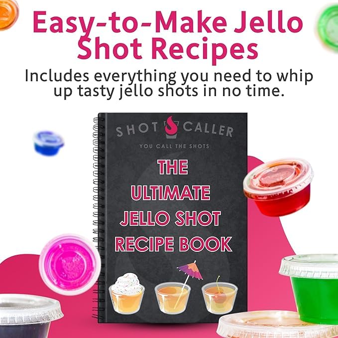 Ultimate Jello Shot Party Pack Kit - Shot Caller Dispenser with Patented Spring Tip + Exclusive Recipe Book + 100 Count 2 oz Cups with Lids | No-Mess Fast Filling for Parties & Halloween