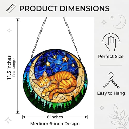 Stained Glass Suncatcher, Orange Sleeping Cat Moon Star Night Sky Catcher, 6-Inch Window Hanging Decor for Home Garden