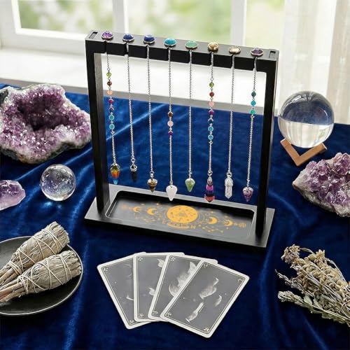 Pendulum Crystal Holder, Crystal Ball Design Wooden Crystal & Jewelry Display Stand Divination Pendulum Storage Rack Tabletop Organiser for Necklaces, Stones and Home Decor