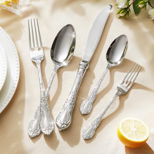 Silverware Set for 2, 10pc Vintage Flatware Set, 18/10 Stainless Steel 10-Piece Silver