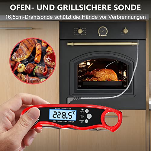 CIRYCASE Meat Thermometer Digital Instant Read Roasting Thermometer | External long probe with 102 cm stainless steel cable, pointer thermometer, oven thermometer for kitchen, BBQ, oven, baking Red