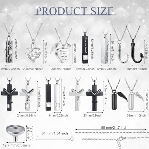 Huquary 16 Pcs Urn Necklace for Ashes Waterproof Stainless Steel Carved Ashes Locket with 8 Filling Kit Heart Cylinder Cross Cubic Fish Hook Jewelry for Ashes with Wing Diamond for Men Women White