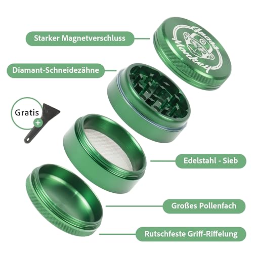 Aluminium Grinder - 4-Piece Diameter 6.3 cm - Robust Herb Grinder with Sharp Teeth & Sieve - Includes Shovel - Green