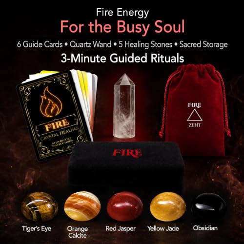 Enchanted LION® Ultra-Premium Ethically Sourced Fire-Element Crystal Set: Confidence, Courage, Protection & Vitality, Real Quartz Wand, Tigers Eye, Black Obsidian, Gift Box & Ritual Cards Multi-color Crystals
