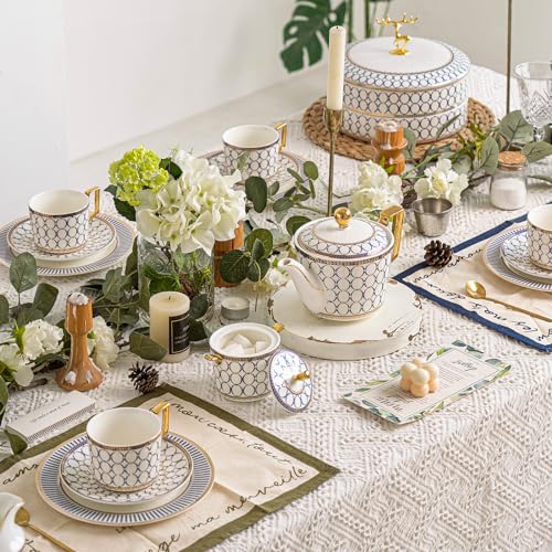 CwlwGO- European Bone China Tea Cup Sets Of 2,Elegance Blue and White Ceramic Cup and Saucers, For Women Tea Parties or Gifts Giving.