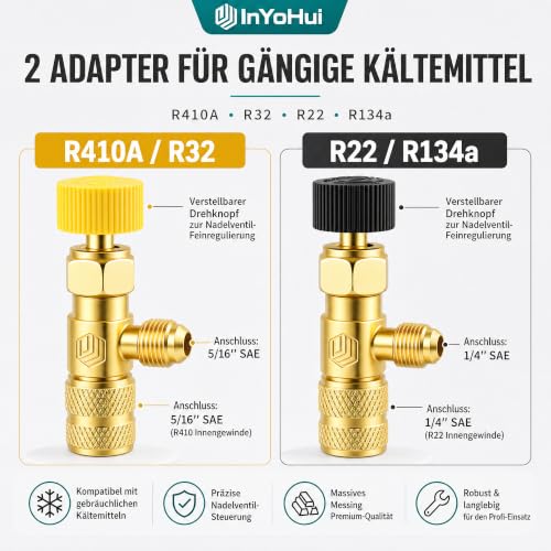2x Refrigerant Adaptor with Needle Valve R410A R32 R22 | Set of 2 brass safety adapters for R410A, R32, R22 and R134a with precise flow control