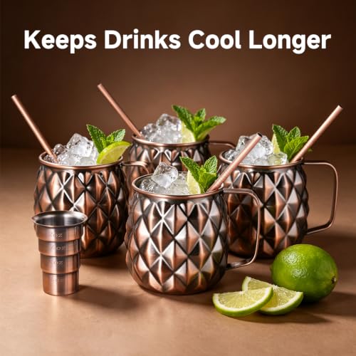 Pineapple Moscow Mule Mugs Set of 4 with Measuring Cup & Straws,Stainless Steel and Red Bronze Copper Plated Finish, 17oz Cups for Cold Drinks, Beer, Wine, Bars, Parties,Gifts