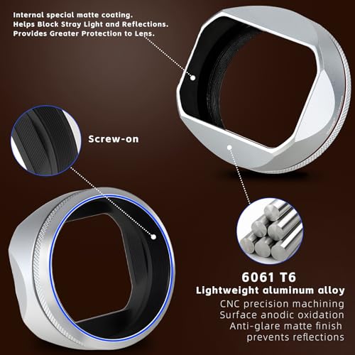 Haoge Square Metal Lens Hood for Fujifilm X100VI Fuji X100V X100F X100T X100S X70 Camera Silver with 49mm UV Filter Adapter Ring LH-XVI100S