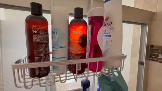 Over the Door Shower Caddy Hanging With Double Soap Holder Never Rust Aluminum Shower Shelf With 4 Hooks Hanging Bathroom Organizer No Drilling Shelves for Bathroom Storage Silver