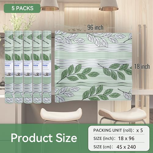 FIFTY FEET Green Leaves Shelf Liner for Kitchen Cabinets, 18 x 96 Inch x 5 Roll Non Adhesive Non Slip Drawer Liner, Washable Cabinet Liner for Shelves & Drawers 18*96inch*5 Roll