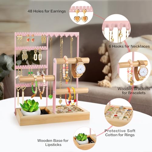 Godboat Jewelry Stand - 48 Holes Earring Holder, 4-Tier Necklace Organizer Pink
