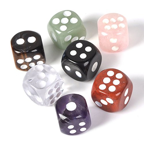 Dice 7 Chakras Colors Natural Gemstone Crystal 15mm Amethyst + Tiger Eye + Obsidian + Clear Quartz + Rose Quartz + Red Jasper + Aventurine (Pack of 7)