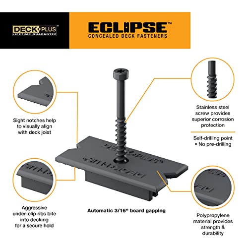 Deck Plus Eclipse hidden deck fasteners and stainless steel wood screws, grey, 90 pack