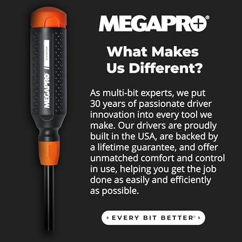 Megapro elevator multi-bit screwdriver with ¼-inch hex shaft and Phillips, flat, spanner, and Torx pin bits