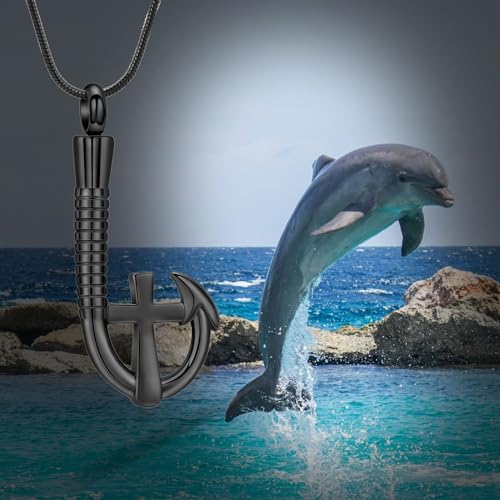 Cross Urn Necklace for Ashes Fish Hook Cremation Urn Pendant Fishing in Heaven Memorial Keepsake Jewelry for Men Black