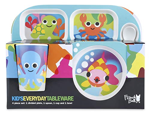 French Bull 4pc Toddler Kids Feeding Melamine Tableware Flatware BPA Free Dishwasher Safe, Durable Plate, Cup, Bowl, Divided Tray Dinnerware, 4 Piece Set, Ocean