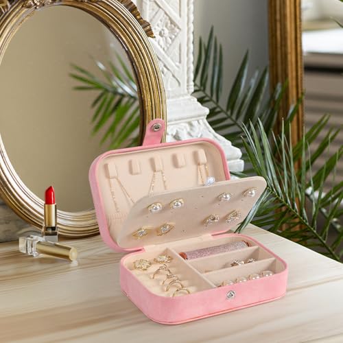 Hatori Travel Jewelry Box, PU Leather Small Jewelry Organizer for Women Girls, Double Layer Portable Mini Travel Case Display Storage Holder Boxes for Stud Earrings, Rings (Pink Beige) Pink Beige