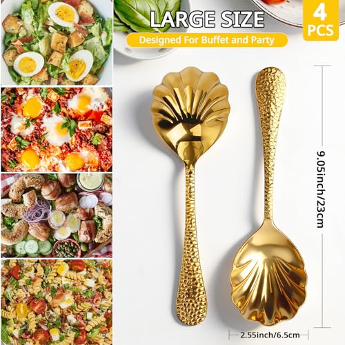 Serving Spoons 4Pack, 18/10 Stainless Steel Large Serving Spoons Set, Hammered Long Handle Serving Spoons for Buffet, Scalloped Design Serving Utensils for Kitchen Party Buffet Banquet (Gold) Gold