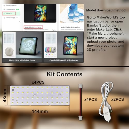 4PCS Lithophane LED Backlight Board Kit KC009 KC010 for Bambu Lab H2C/X1/P2S/A1 LED Light Board Backlights Makerworld Model Parts USB 3D Print Accessory Photo Model DIY Light Box