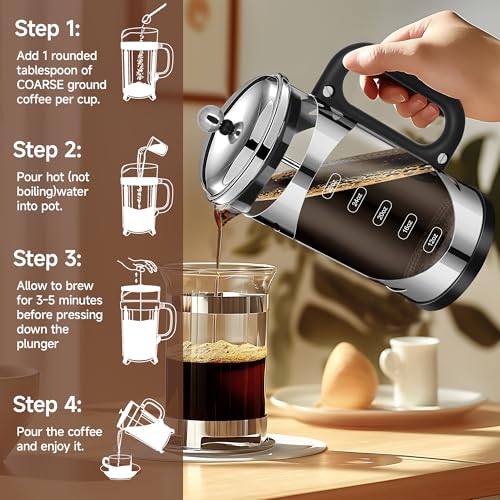 YMMIND 34 Ounce French Press Coffee Maker Chromium Stainless Steel Coffee Press, with 4-Level Filter System, Heat Resistant Thickness Borosilicate Glass, BPA-Free Brewed Coffee Pot for Camping Gifts Silvery-R 34 oz