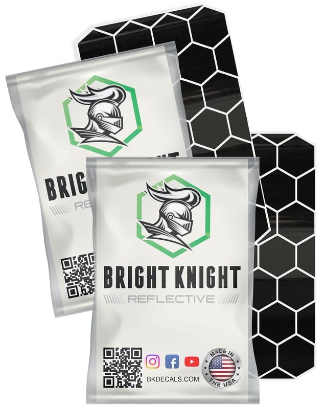 BRIGHT KNIGHT DECALS Hexagon Reflective Stickers for Helmet - Black, Pack of 2, Motorcycle Helmet Stickers, 3M Waterproof Reflective Vinyl Tape for Hard Hats, Cars & Bike Decals for Night Visibility 2 pk