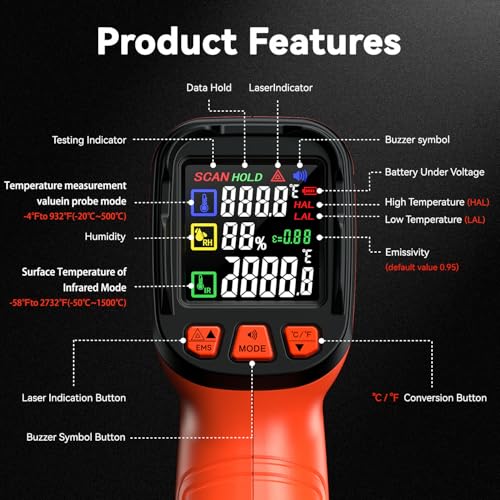 SURPEER infrared thermometer temperature gun, 2732°F pyrometer with 50:1 distance-to-spot ratio
