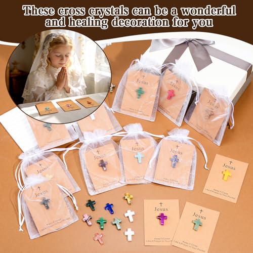 100 Pack Cross Crystal Stone Bulk Set with Greeting Cards & Gift Bags, Natural Crystal Pocket Hug Tokens, Religious Keepsake Gifts for Friends, Family, Bible Study Group