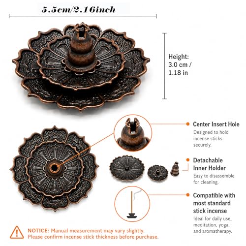 Incense Holder for Sticks, 3-in-1 Lotus and Gourd Incense Burner with Detachable Ash Catcher, Spiritual Japanese Decor for Yoga and Meditation Small