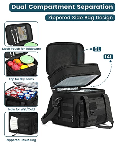 RalChyez Tactical Lunch Box, 20L Large Heavy Duty Double Deck Insulated Lunch Bag Leakproof Expandable Tote Cooler with Shoulder Strap for Adult Men Women Work Fishing Picnic Travel Black A-Black