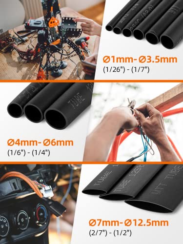 Eventronic Heat Shrink Tubing Set 900 Pieces 12 Sizes 1-12.7 mm 45 mm Black | Heat Shrink Tubing IP56 Water Protection Black 45mm Long 12 Sizes from 1-12.7mm for Cable Protection, Repair and Insulation 900 Pezzi, 45mm, Nero