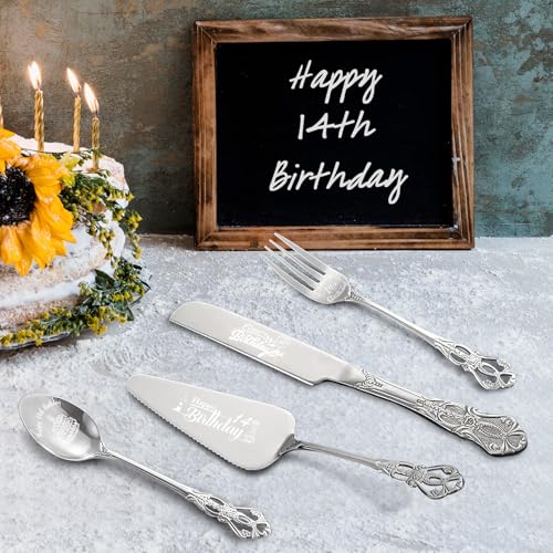 Happy 14th Birthday Personalized Laser Engraved Stainless Steel Cake Tableware Set:Cake Server,Plate,Knife,Spoon, Fork - Memorable 14 Year Old Gift Keepsake