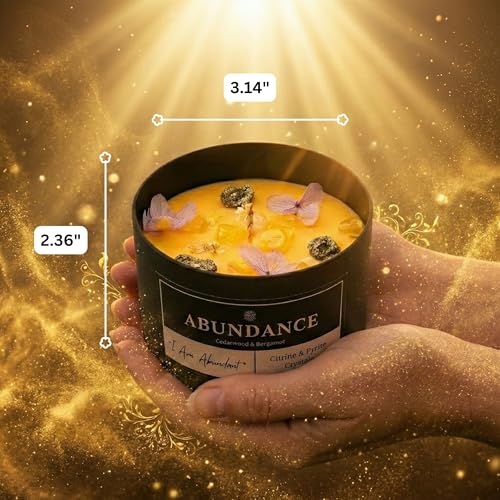 Abundance Crystal Candle – Citrine & Pyrite Crystals for Wealth & Success. Infused Cedarwood & Bergamot Scented Manifestation Candle with Gold Leaf & Hydrangea. Spiritual Gifts for Women Abundance