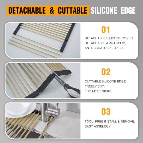 Nicmondo foldable over sink dish drying rack with brushed gold finish, 19.7" x 11.42", featuring cuttable silicone edge and 3 fold design