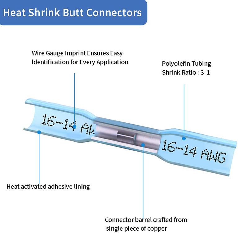 100 Pcs Blue Heat Shrink Butt Connectors, 16-14 AWG Waterproof Electrical Crimp Wire Splice for Marine, Cable, Wiring