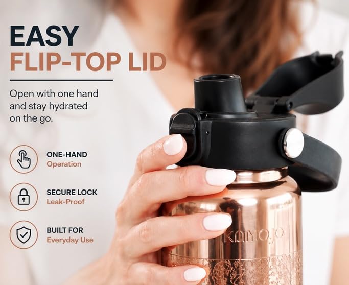 Kamojo Pure Copper Water Bottle for Drinking – Etched Handcrafted Design, Flip-Top Push Button Lid, Copper Straw & Insulating Sleeve – Ayurvedic Cup