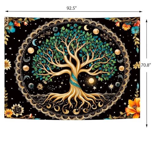 Delur Tree of Life Tapestry Moon Phase Nature Flower Plant Tapestry Wall Hanging Boho Mandala Spiritual Sun Aesthetic Psychedelic Headboard for Bedroom Living Room Home Decor (70.8" x 92.5") 70.8"L x 92.5"W Moon Phase Tree of Life