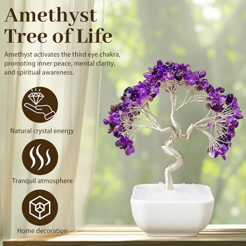 Runyangshi Chakra Tree of Life,Chakra Crystal Money Tree Lucky Bamboo Feng Shui Home Decor Gift (Amethyst) Purple