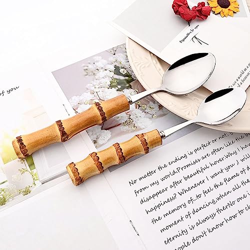 24-PIECE Silver Polish Flatware Set With Natural Bamboo Handle, Basic Chinoiserie Tableware Set For Daily Dining And Kitchen, Service for 6 24pcs Service for 6