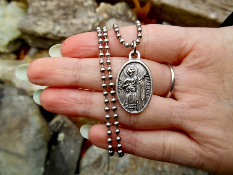 Saint Tarcisius Necklace, 2.4mm Stainless Steel Chain, Patron Saint Altar Servers, First communicants, 1st Holy Communion,