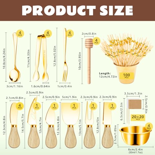 169 Pcs Charcuterie Boards Accessories Gold Charcuterie Utensils Cheese Butter Spreader Knife Set Small Serving Tongs Forks and Spoons Dipping Bowls Honey Dipper Toothpick Flags Cocktail Picks