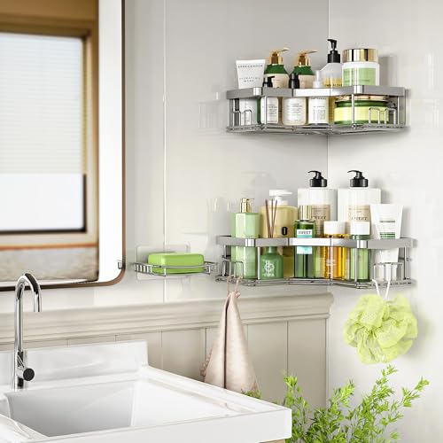 MAXIFFE 3 Pack X-Large Corner Shower Caddy with Soap Holder, Large Capacity Sturdy Easy Install No Drilling Stainless Steel Hold 40 LB Shower Organizer Shelves Rack for Family Renters Bathroom, Silver Silver XL - 3 Pack