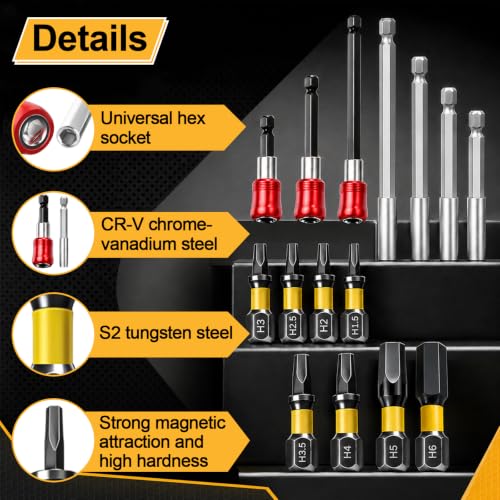 Bit Extension & Bit Holder Magnetic 1/4 Inch for Drills | 4 x hexagonal extensions 60-200 mm, 3 x self-locking 60-150 mm, 8 x bits H1.5-H6, variable length dimensions