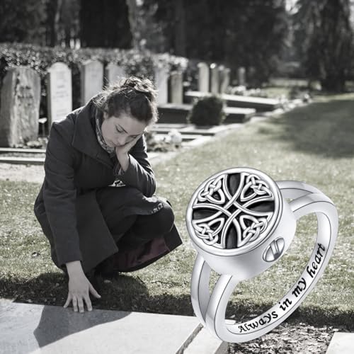 Celtic Urn Ring S925 Sterling Silver Always in My Heart Cremation Urn Ring for Ashes Keepsake Cremation Jewelry Memorial Rings for Women Cross R 1/2