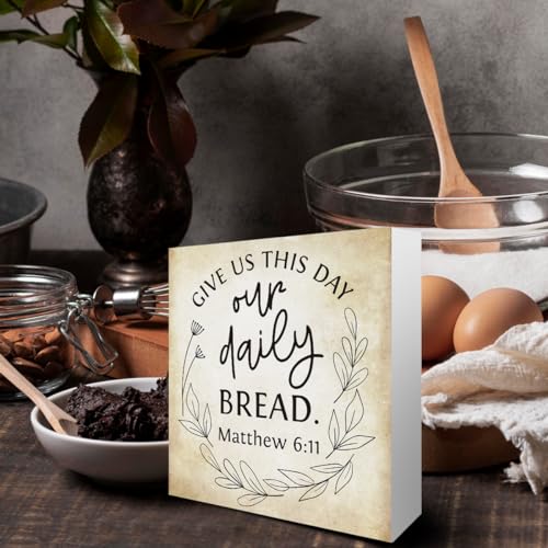 Inspirational Bible Verse Give Us This Day Our Daily Bread Wooden Box Sign Scripture Desk Decor Rustic Scripture Wood Block Plaque Box Sign for Home Office Shelf Table Decoration Matthew 6:11